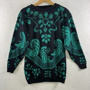 VTG 80s Janzen Womens Dark Cottage Sweater Sz L Artsy Whimsical USA Made